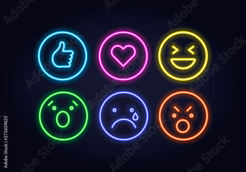 Vector neon icon set for social media. Thumb up, heart and smiles illuminated glowing symbols in circle frame isolated on black. Emoticon element of UI design for web, promotion, advertisment.