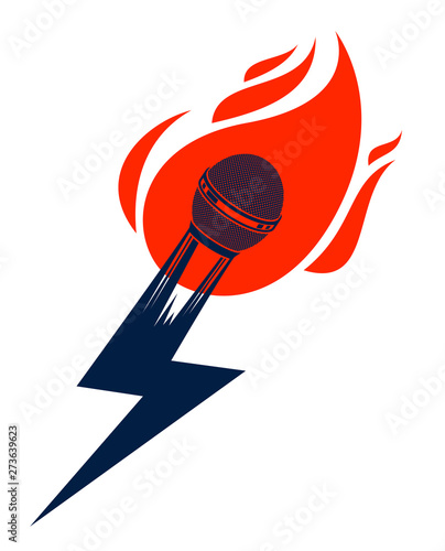 Microphone on fire and shape of lightning, hot mic in flames and bolt, breaking news concept, rap battle rhymes music, karaoke singing or standup comedy, vector logo or illustration.