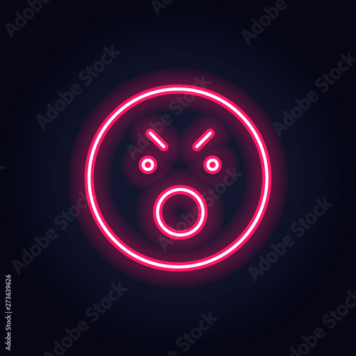 Vector neon icon for mood feedback. Red anger glowing light emotion smile isolated on black. Emoticon element of UI design for client rating, feedback, survey, social media