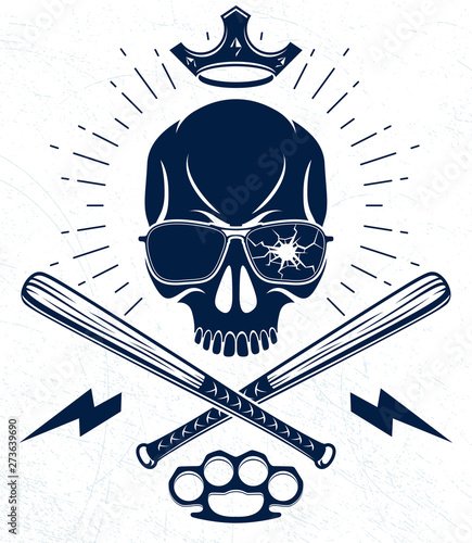 Brutal gangster emblem or logo with aggressive skull baseball bats design elements, vector anarchy crime or terrorism retro style, ghetto revolutionary.