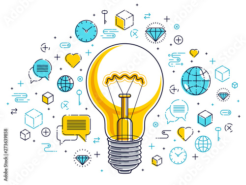 Shining light bulb and set of icons, business idea creative concept, e-commerce allegory, internet business, marketplace or online shop, vector illustration.