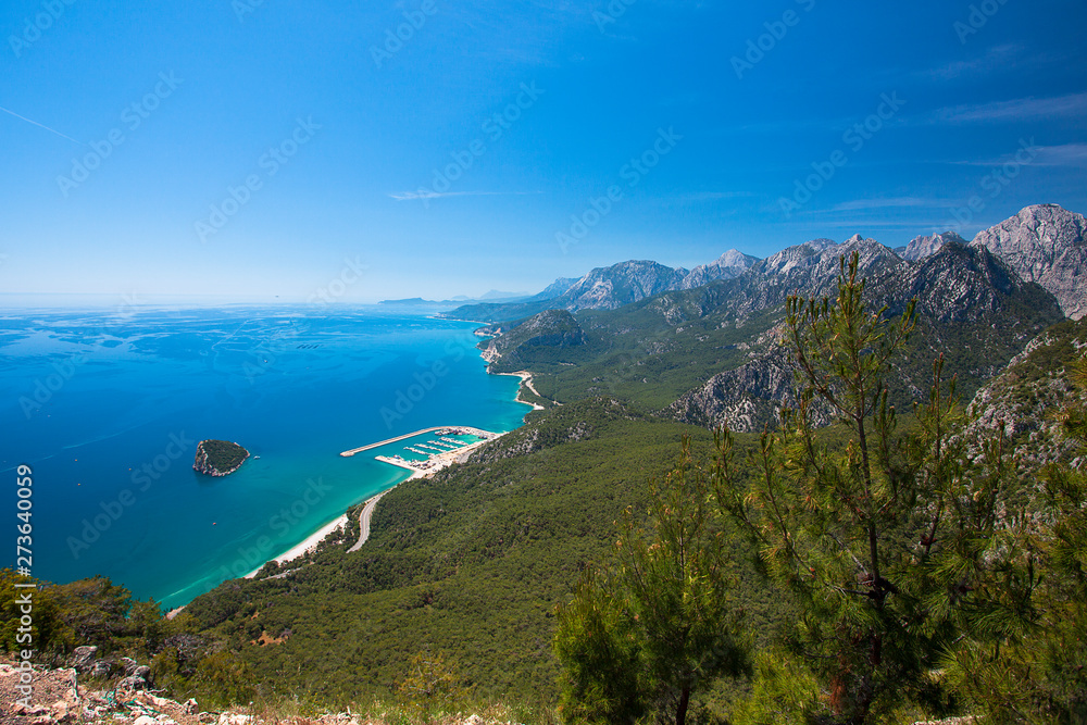 Beautiful view of the Mediterranean Sea, mountains and forest. Turkey, Antalya