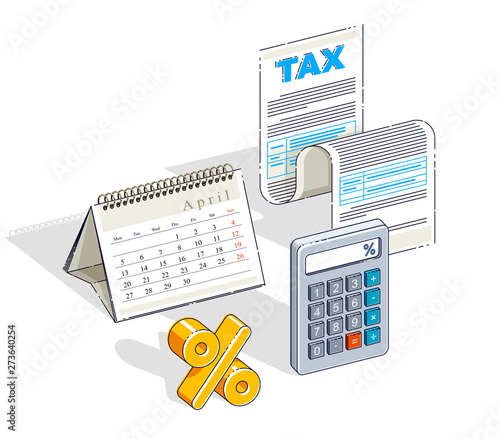 Taxation concept, tax form or paper legal document with and calendar opened on April month isolated on white background. Isometric vector business and finance illustration, 3d thin line design.