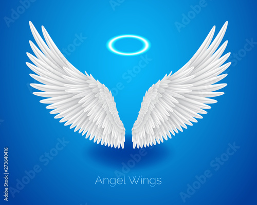Fotografi White angel wings and shining nimbus, realistic feathers