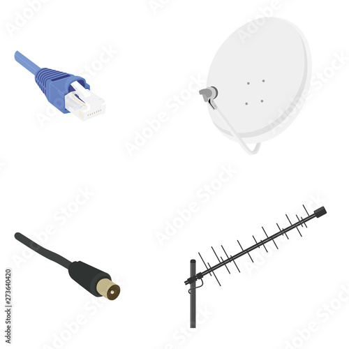 Satellite TV antenna. Old vintage television antenna. TV cable. TV icon set