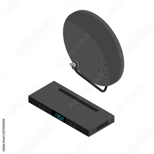 Black satellite decoder, reciever and antenna isometric view