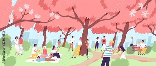 Cute happy men and women viewing cherry blossom at city park. Smiling people watching blooming sakura trees at Japanese Hanami festival. Seasonal outdoor event. Flat cartoon vector illustration.