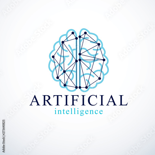 Artificial intelligence concept vector logo design. Human anatomical brain with electronics technology elements icon. Smart software, futuristic idea of intelligent machines and computer programs.