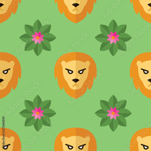 Seamless pattern for textiles with lions and flowers on a light, green background. Vector illustration in flat style