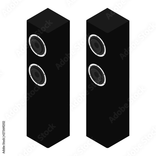 Black acoustic speakers, loudspeakers isolated on white background isometric view