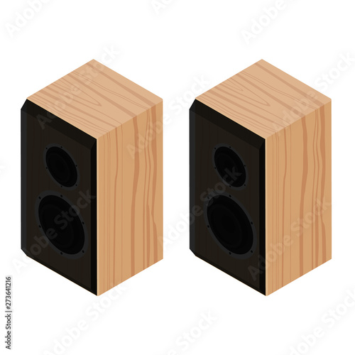 Black acoustic speakers, loudspeakers isolated on white background isometric view