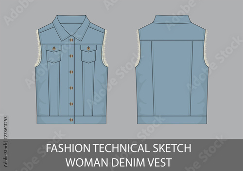Fashion technical sketch woman denim vest
