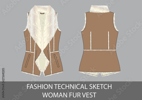 Fashion technical sketch woman fur vest