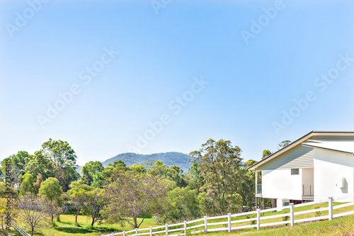 Rain forest behind white wooden fence and grass.