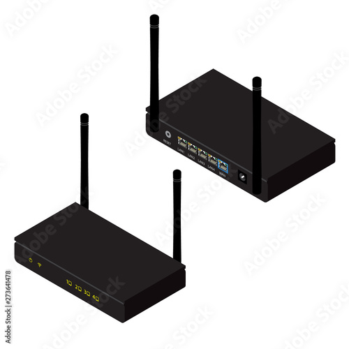 Black realistic wireless router with the antenna