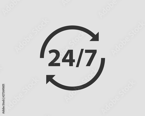 24/7 icon vector. 24 hour service clock.