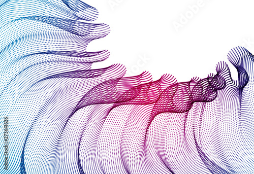 3d particles mesh array, sound wave flowing, transparent tulle textile on wind. Round points vector effect illustration. Blended mesh, calming relaxing wallpaper.