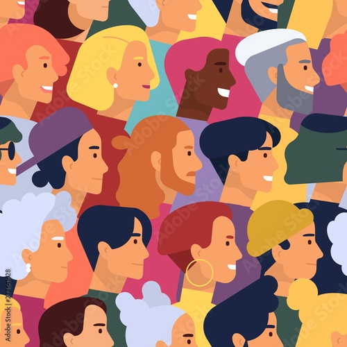 Seamless pattern with heads of cute smiling young and elderly men and women with various hairstyles. Backdrop with stylish people. Flat cartoon vector illustration for wallpaper, wrapping paper.
