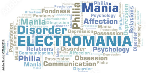 Electromania word cloud. Type of mania, made with text only.