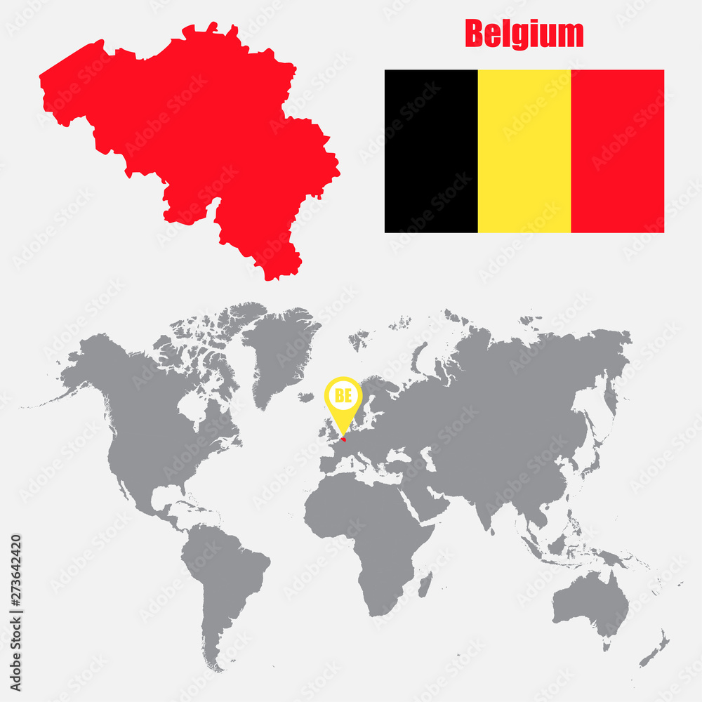 Fototapeta premium Belgium map on a world map with flag and map pointer. Vector illustration