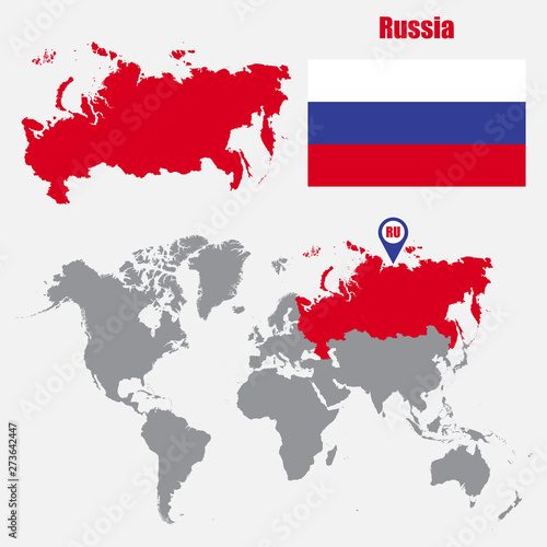 Russia map on a world map with flag and map pointer. Vector illustration