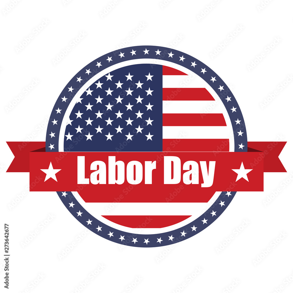 USA flag on button stamp with ribbons. Labor day. Vector illustration