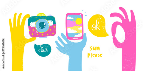 Set of cartoon style hands holding a photo camera and smartphone. Ok sign. Hand drawn bright vector trendy illustration. Flat design. All elements are isolated photo