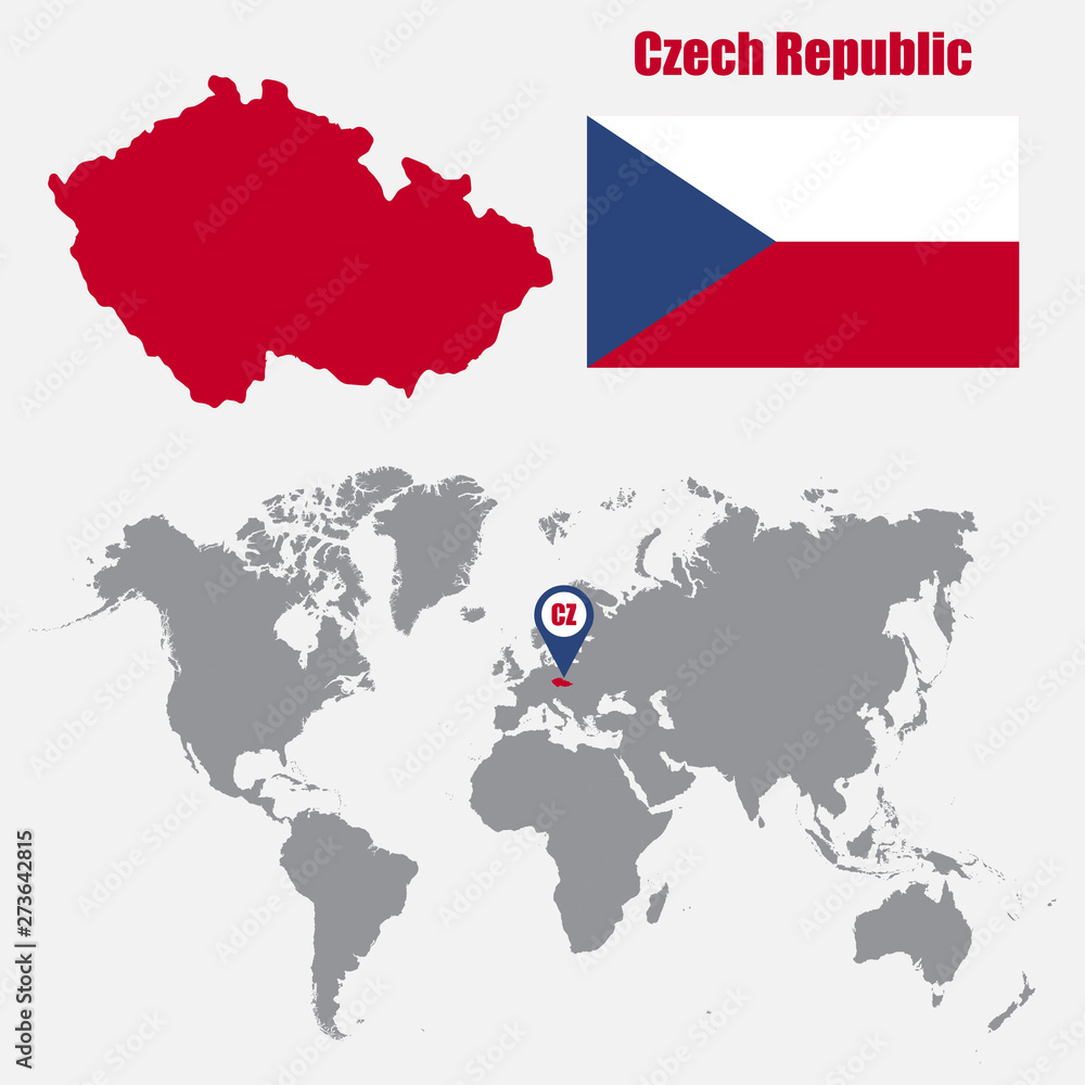 Obraz premium Czech Republic map on a world map with flag and map pointer. Vector illustration