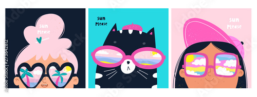 Sun please. Set of cards with cat and girls with big sunglasses. Different reflections in glasses: cloudy sky, palms and ocean. Hand drawn vector trendy illustrations. Cartoon style. Flat design