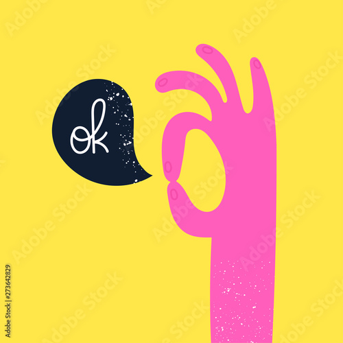 Cartoon style hand showing an ok sign. Ok gesture. Hand drawn bright vector trendy illustration. Flat design
