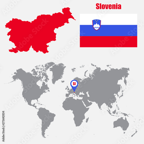 Slovenia map on a world map with flag and map pointer. Vector illustration