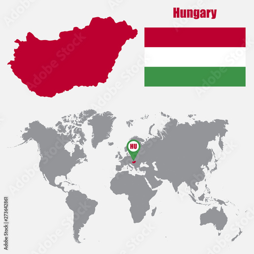 Hungary map on a world map with flag and map pointer. Vector illustration