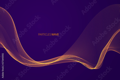 Wave of flowing particles over dark modern relaxing illustration. Round shining dots vector abstract background. Beautiful wave shaped array of blended points.