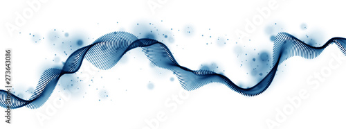 Flowing energy particles, wave of blended dots. Curved dotted 3d lines vector effect illustration. 3d futuristic technology style.