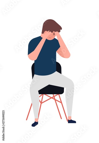 Unhappy young man sitting on chair. Depressed boy. Male character in depression, sorrow, sadness, distress, trouble. Mental disorder, illness, psychological problem. Flat cartoon vector illustration.