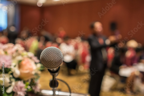 Microphones for speech or speaking in seminar Conference room, talking for lecture to audience university, Event light convention hall Background. Business Talk Presentation concept photo