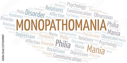 Monopathomania word cloud. Type of mania, made with text only.
