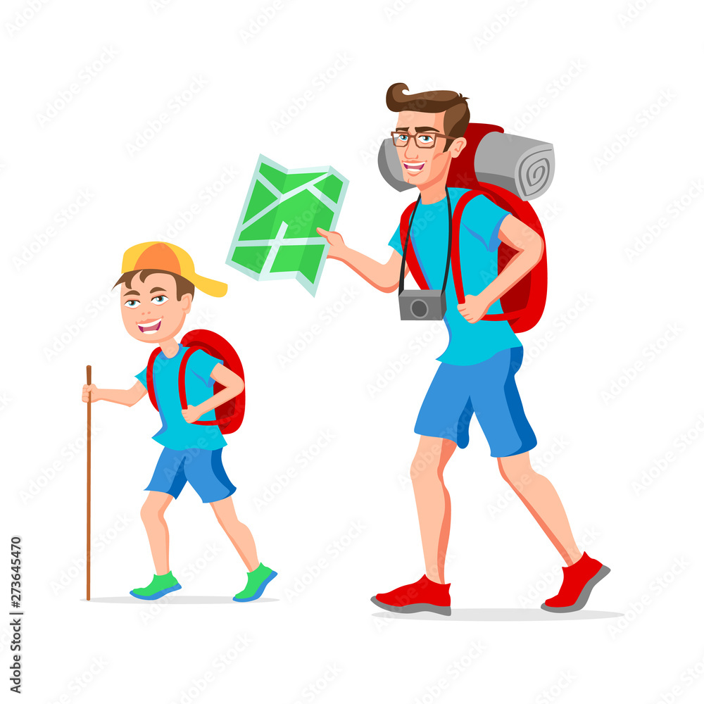father and son tourist hipster Funny cartoon character. Vector illustration of a flat design. Isolated on white background father and son tourist hipster Funny cartoon character. Vector illustration of a flat design. Isolated on white background