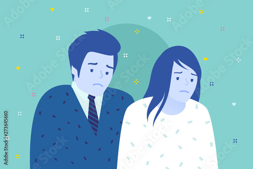 Concept of friendship and support. Man and women are together. Cheerful woman supports sad man