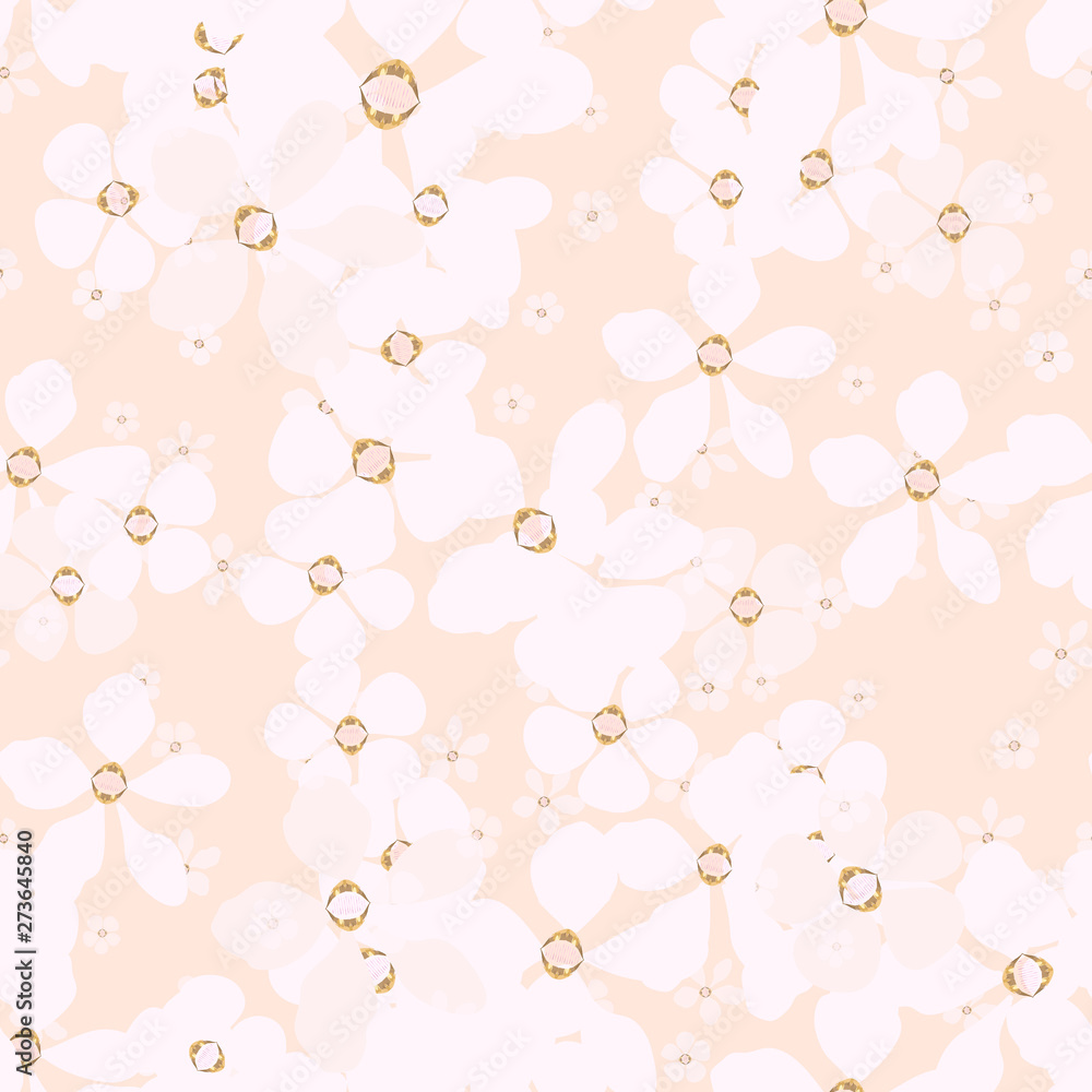 Jewelry and floral vector seamless pattern. White and pink big and small flowers with gold core on coral background. Template for design, textile, wallpaper, carton, banner, ceramic tile, card, plaid.