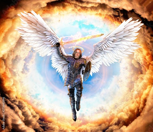 Obraz na płótnie Archangel Michael in armor with flaming sword and shield
