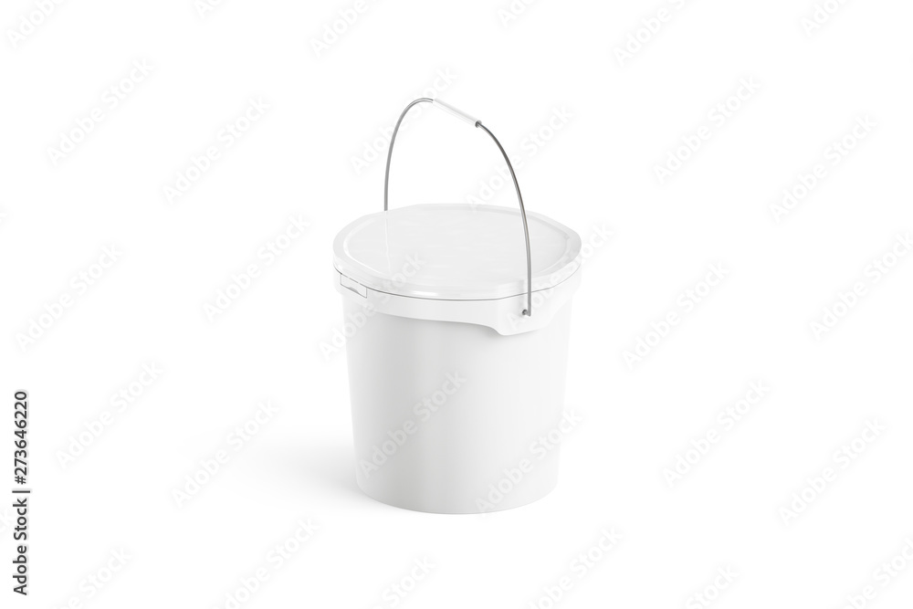 Blank white paint bucket with handle mockup isolated, side view. 3d rendering. Sealed pail model mock up, stands on floor. Empty plastic vessel. Storage container for cleaning. Bucketful housework. Blank white paint bucket with handle mockup isolated, side view. 3d rendering. Sealed pail model mock up, stands on floor. Empty plastic vessel. Storage container for cleaning. Bucketful housework.