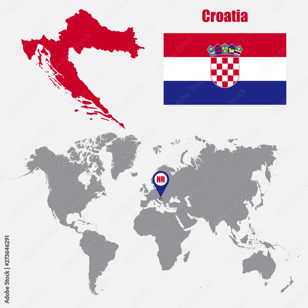 Croatia map on a world map with flag and map pointer. Vector illustration