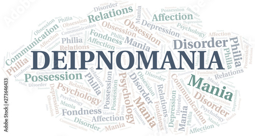 Deipnomania word cloud. Type of mania, made with text only.