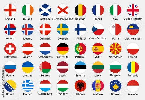 National flags of european countries with captions. Set of vector icons illustration for national events, travel and holidays.