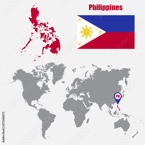 Philippines map on a world map with flag and map pointer. Vector illustration