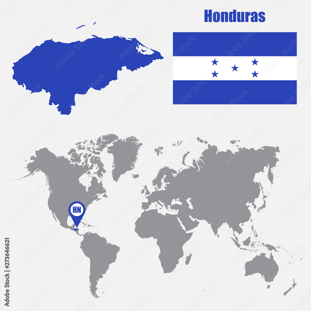 Honduras map on a world map with flag and map pointer. Vector illustration