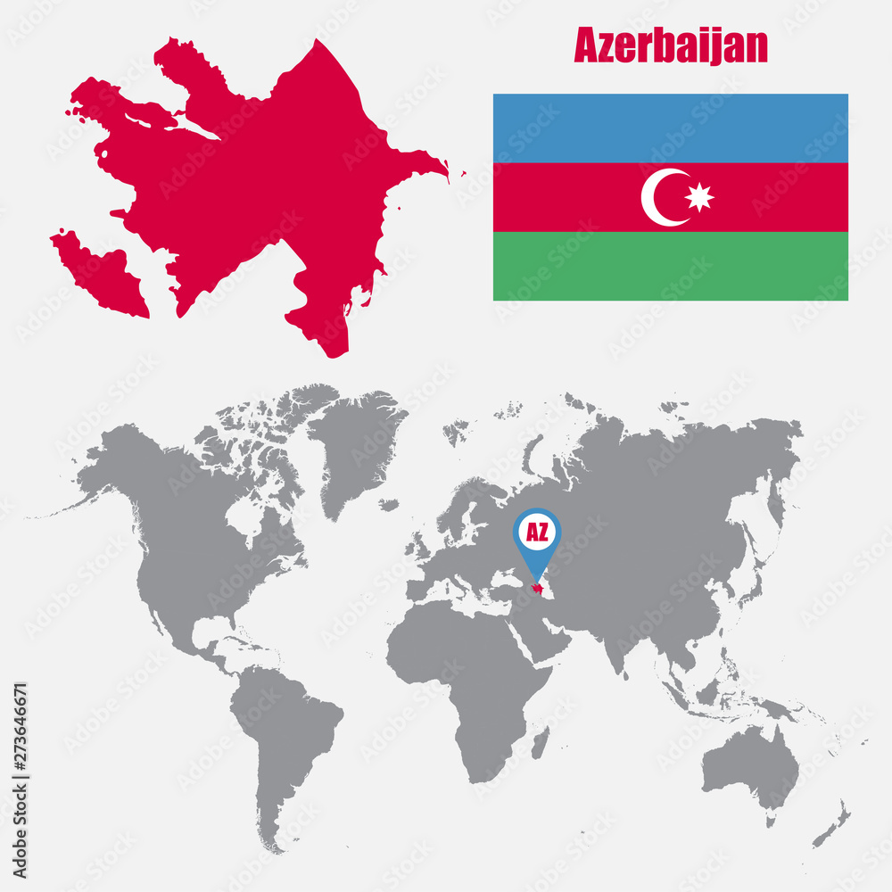 Fototapeta premium Azerbaijan map on a world map with flag and map pointer. Vector illustration