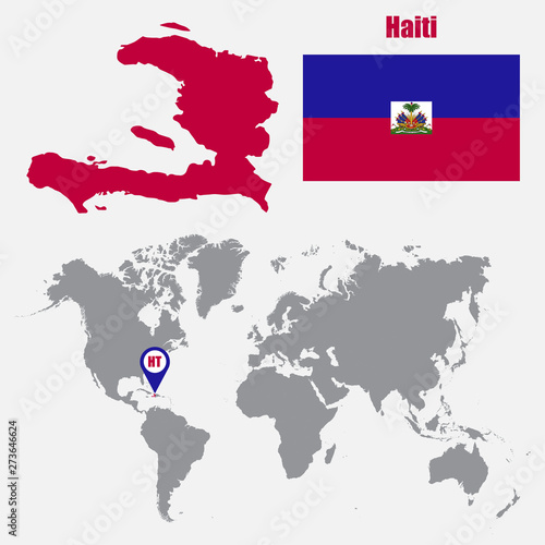 Haiti map on a world map with flag and map pointer. Vector illustration
