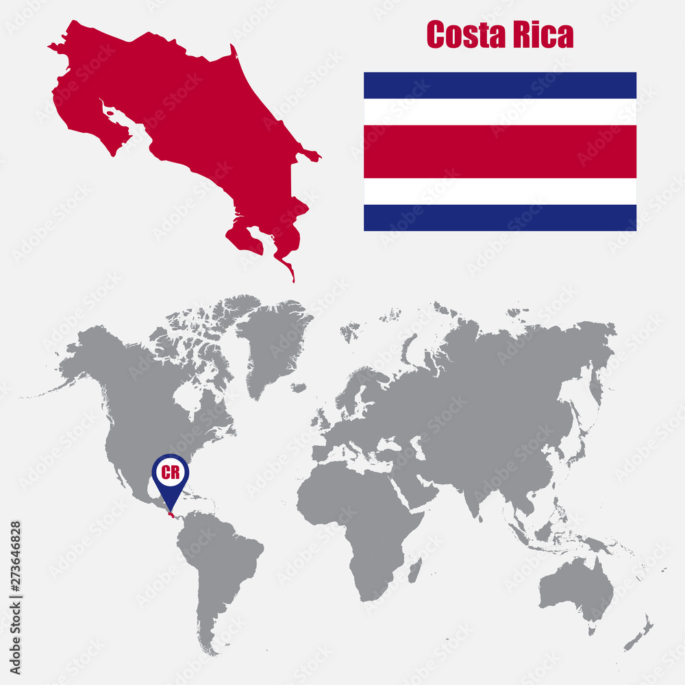 Obraz premium Costa Rica map on a world map with flag and map pointer. Vector illustration